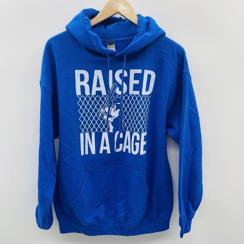 Chalk Talk Mens Large Raised‎ in a Cage Baseball Graphic Hooded Sweatshirt Blue